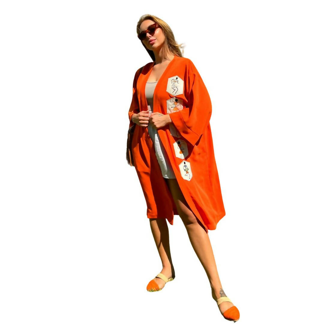 Embroidered Orange Kimono with African motifs