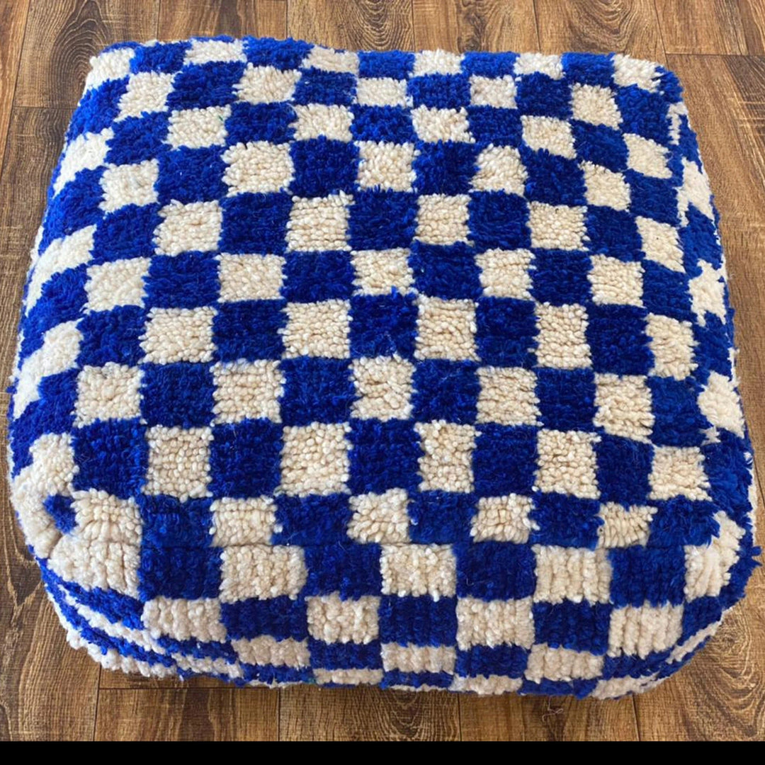 Moroccan Berber Square White & Blue Checkered Pouf Ottoman