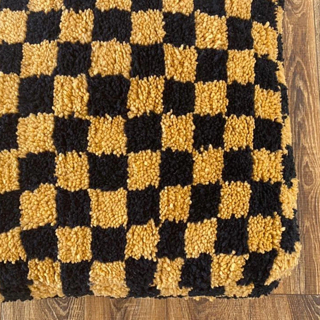 Moroccan Berber Square Gold & Black Checkered Pouf Ottoman