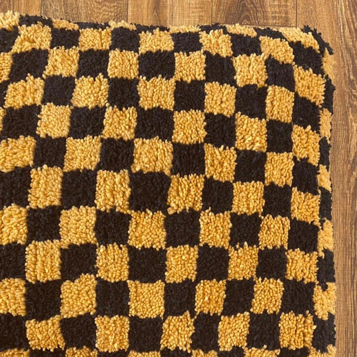 Moroccan Berber Square Gold & Black Checkered Pouf Ottoman