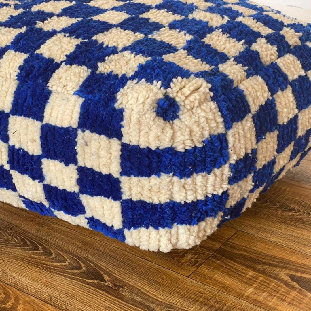 Moroccan Berber Square White & Blue Checkered Pouf Ottoman