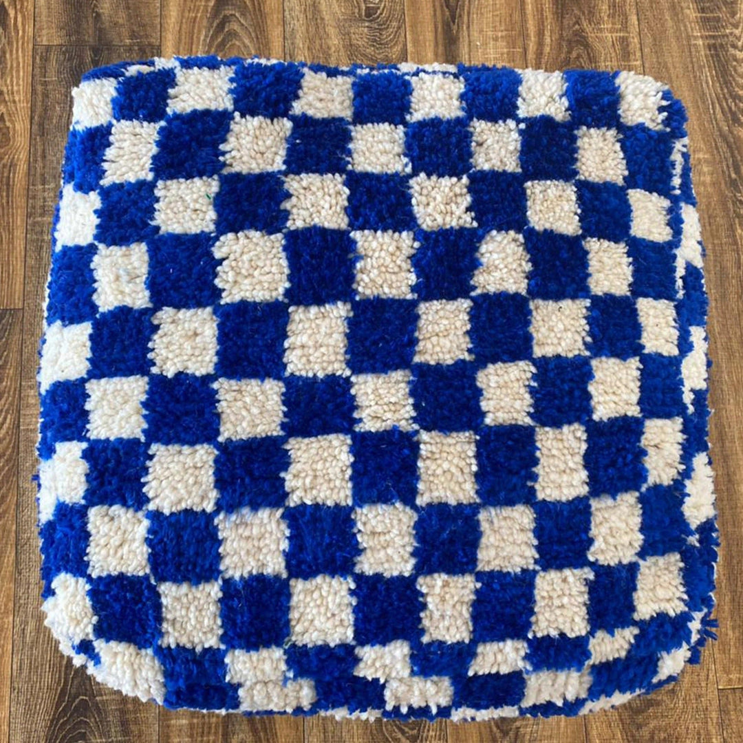 Moroccan Berber Square White & Blue Checkered Pouf Ottoman