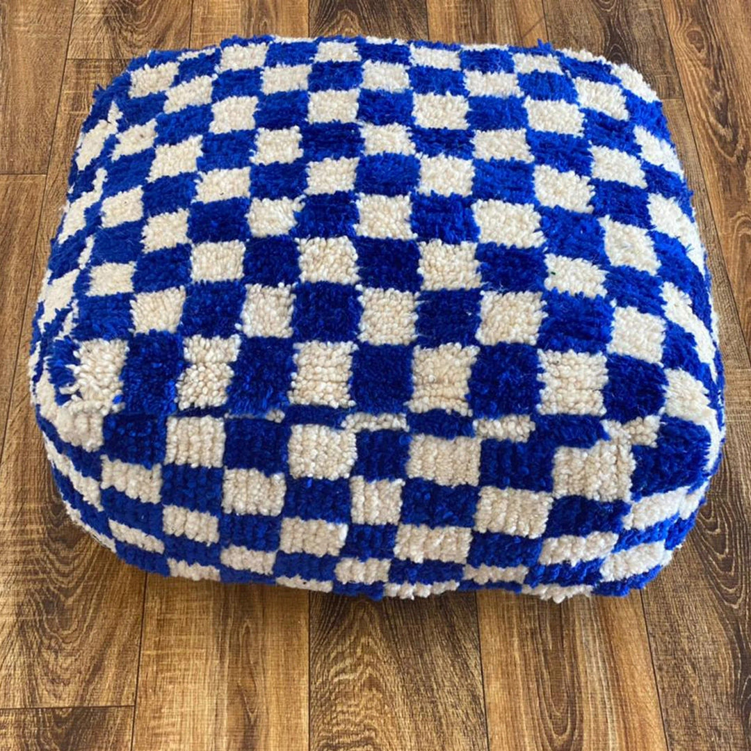 Moroccan Berber Square White & Blue Checkered Pouf Ottoman