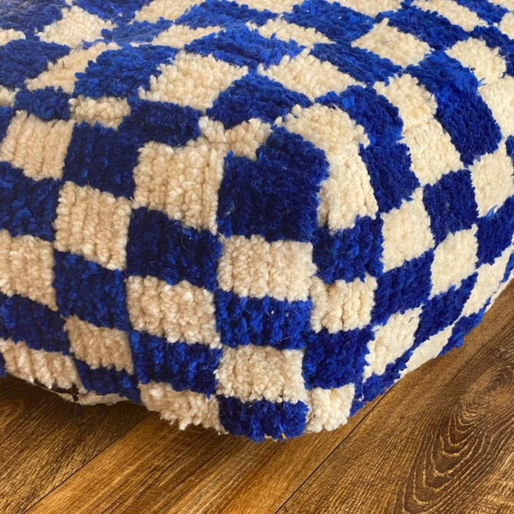 Moroccan Berber Square White & Blue Checkered Pouf Ottoman