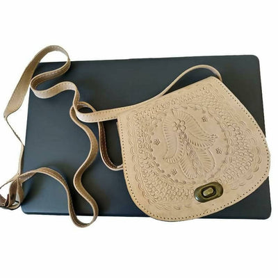 Beige Leather Cross Body Bag with Hamsa Engraving-My Real Leather-MyTindy