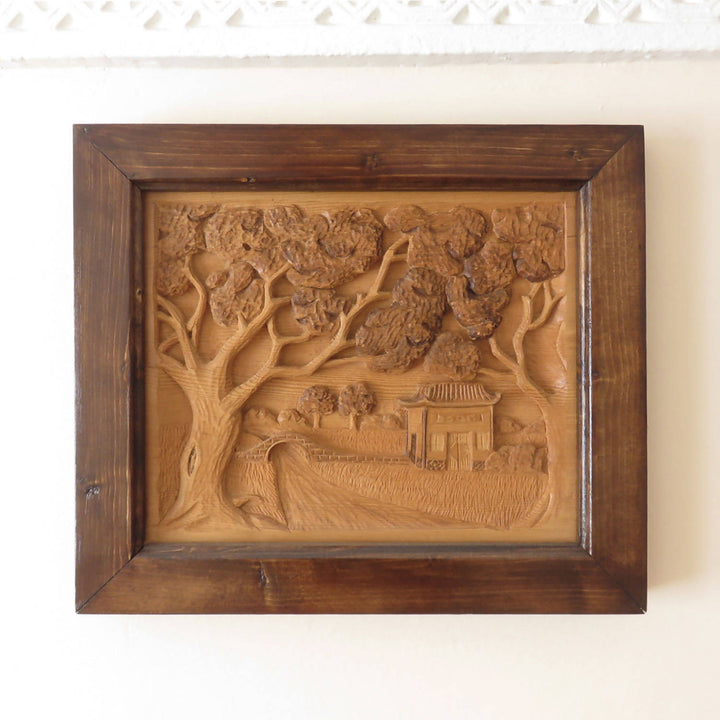 Wood relief carving asian landscape