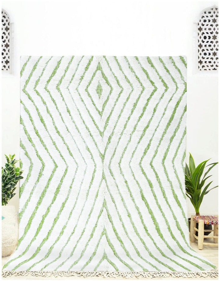 Authentic Moroccan Wool White and Green Beni Mrirt Rug