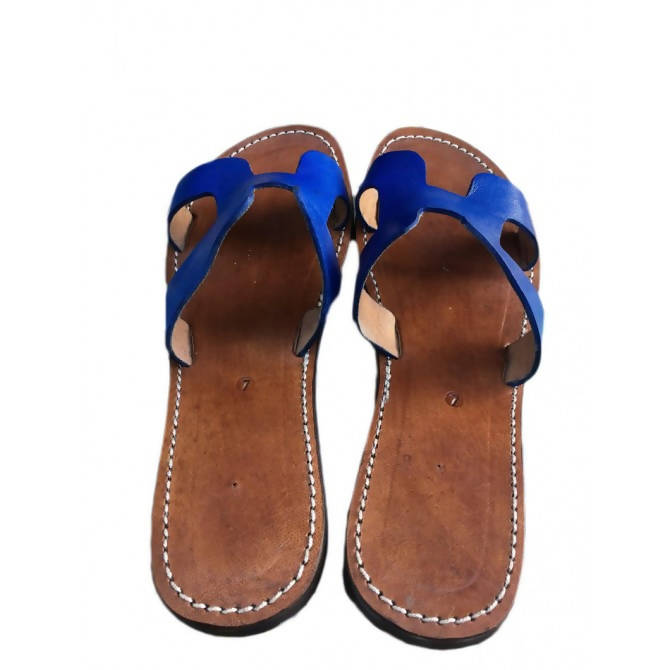 Electric Bleu H Shape Leather Sandals-My Real Leather-MyTindy