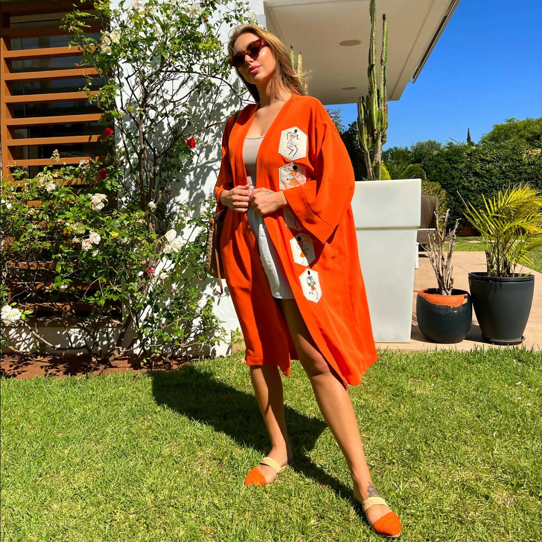 Embroidered Orange Kimono with African motifs
