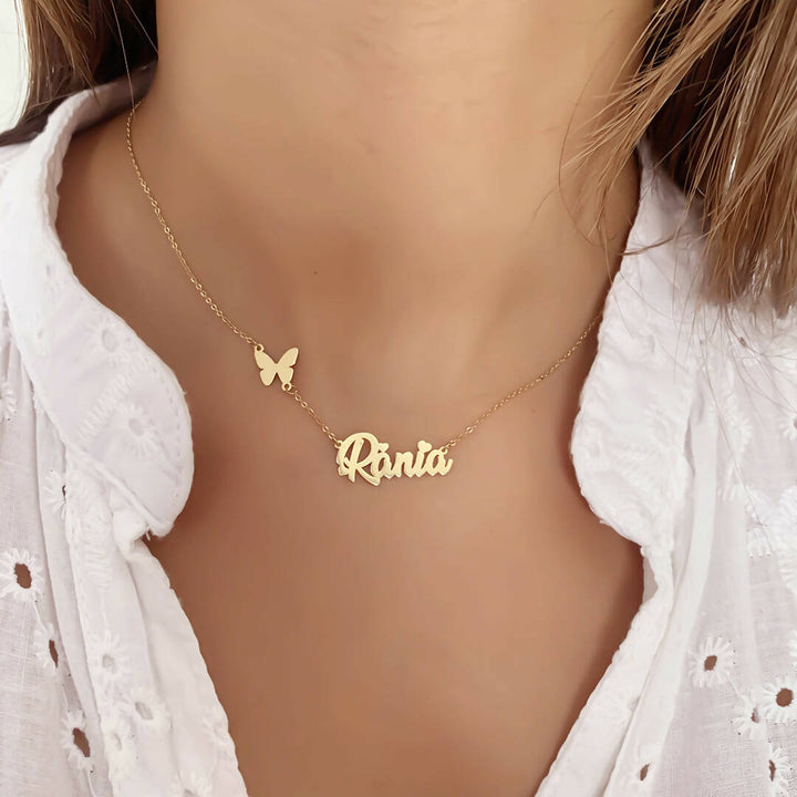 Personalized 18K gold butterfly necklace with your name