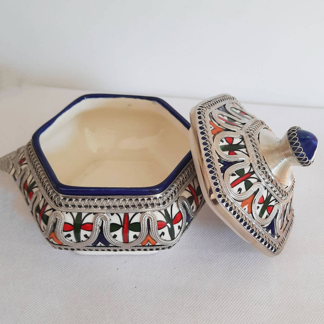 Red and Green Moroccan Ceramic Sugar Jar with Metal-Youssef hamlili-MyTindy